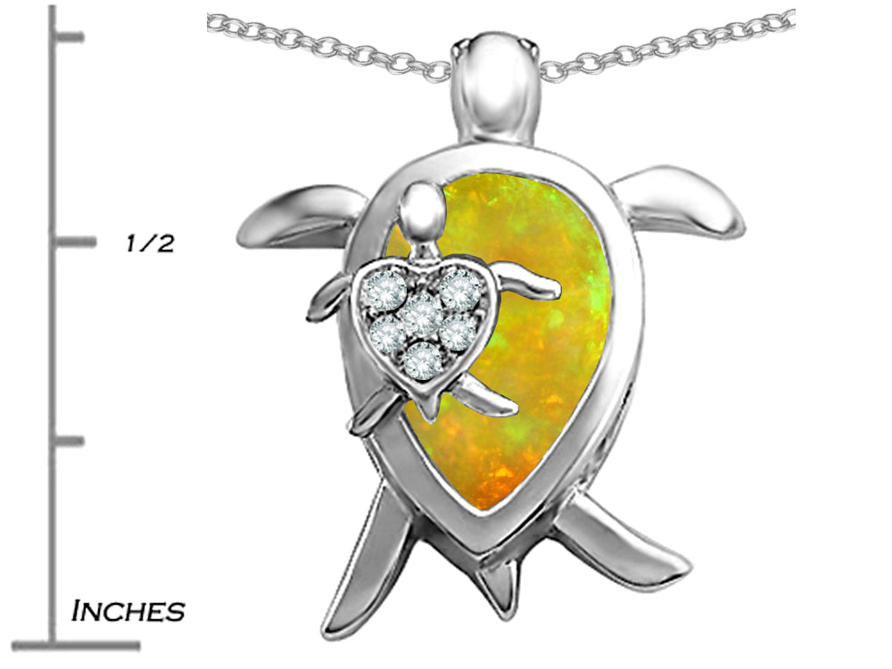 Star K Large Mother and Baby Turtle family Pendant Necklace Pear Shape Lemon Created Opal and Cubic Zirconia
