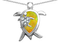 Star K Large Mother and Baby Turtle family Pendant Necklace Pear Shape Lemon Created Opal and Cubic Zirconia
