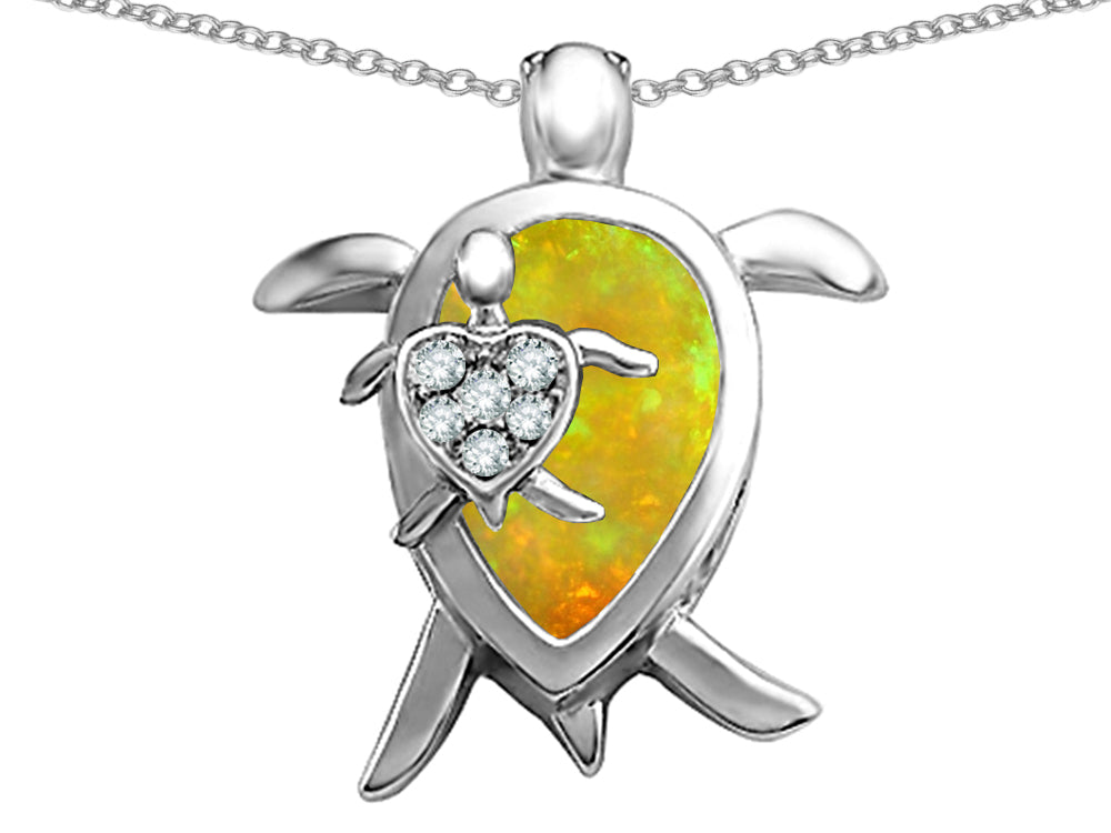 Star K Large Mother and Baby Turtle family Pendant Necklace Pear Shape Lemon Created Opal and Cubic Zirconia