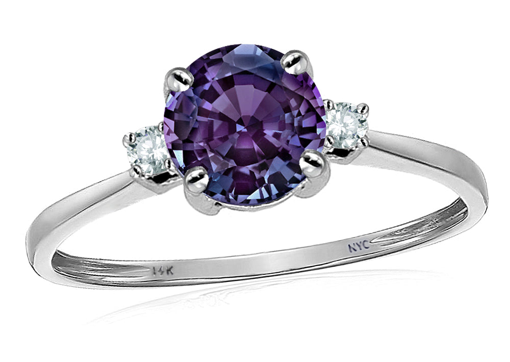Original Star K 7mm Round Simulated Alexandrite and Diamond Classic 3 stone Engagement Ring