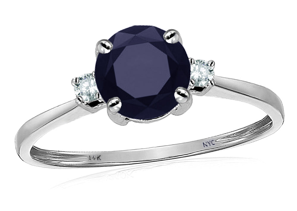 Original Star K 7mm Round Genuine Black Sapphire and Diamond Classic 3 stone Engagement Ring