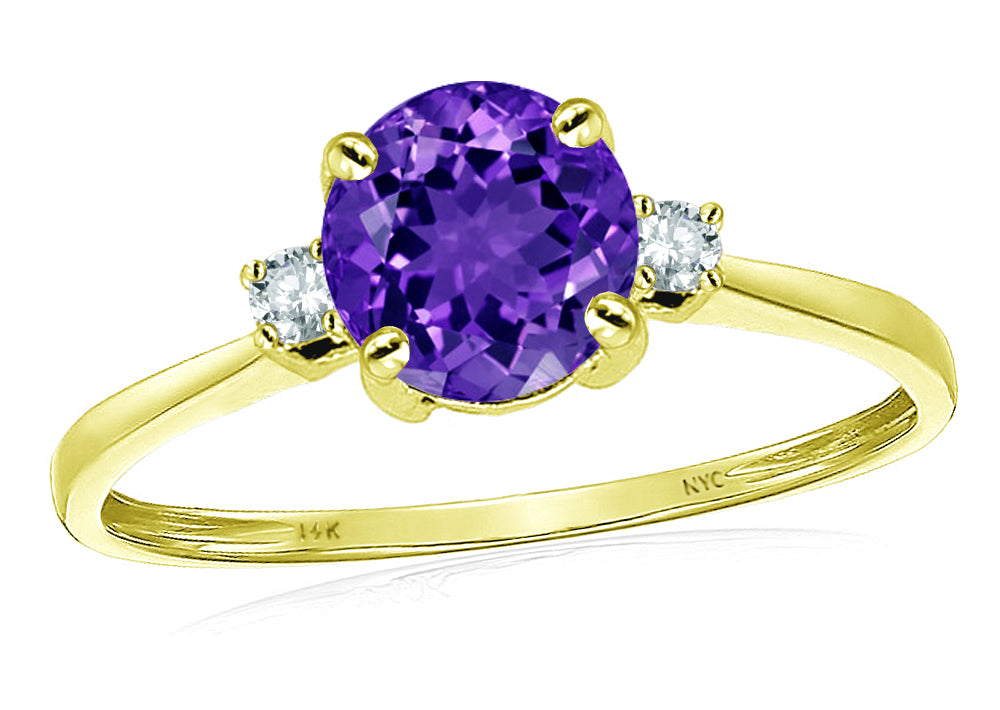 Original Star K 7mm Round Genuine Amethyst and Diamond Classic 3 stone Engagement Ring