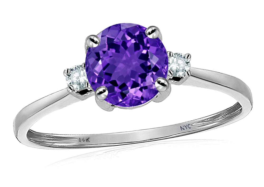 Original Star K 7mm Round Genuine Amethyst and Diamond Classic 3 stone Engagement Ring