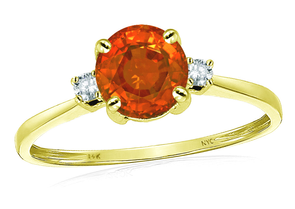Original Star K 7mm Round Simulated Orange Mexican Fire Opal and Diamond Classic 3 stone Engagement Ring