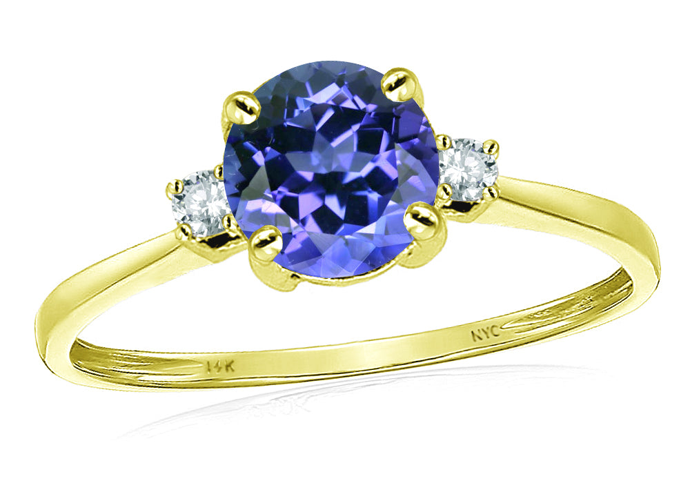 Original Star K 7mm Round Simulated Tanzanite and Diamond Classic 3 stone Engagement Ring