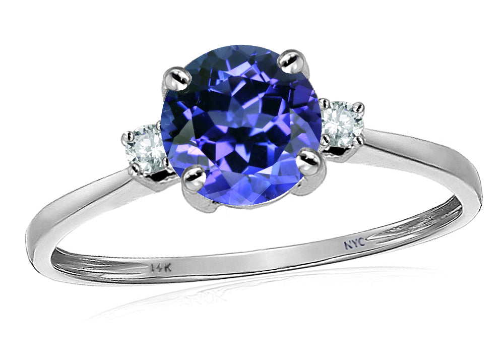 Original Star K 7mm Round Simulated Tanzanite and Diamond Classic 3 stone Engagement Ring