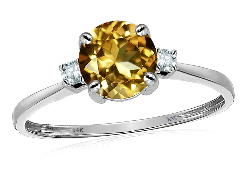 Original Star K 7mm Round Simulated Imperial Yellow Topaz and Diamond Classic 3 stone Engagement Ring