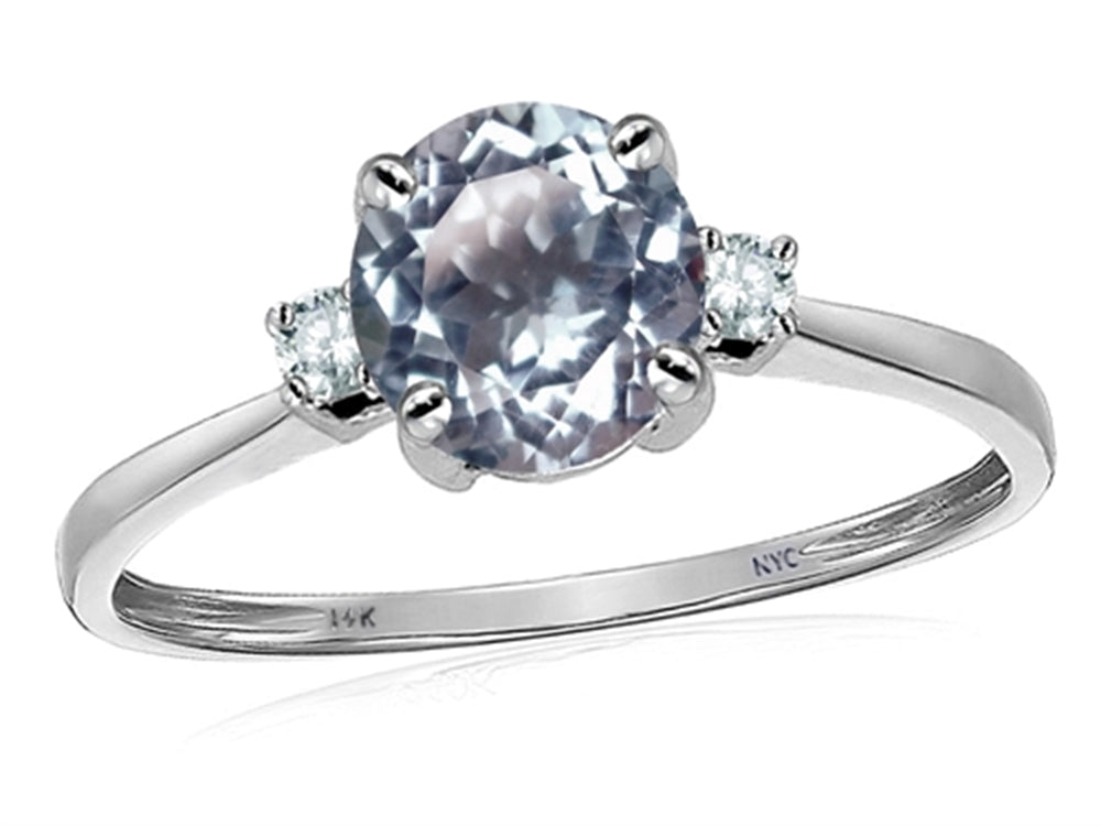 Original Star K 7mm Round Simulated Aquamarine Classic 3 stone Engagement Ring