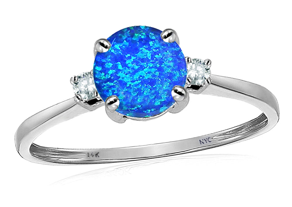 Original Star K 7mm Round Blue Created Opal Classic 3 stone Engagement Ring