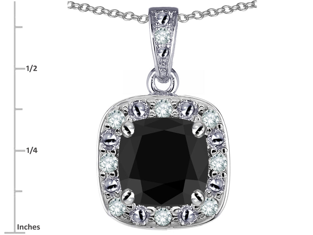 Star K 14k White Gold Cushion-Cut Black Sapphire Halo Pendant Necklace