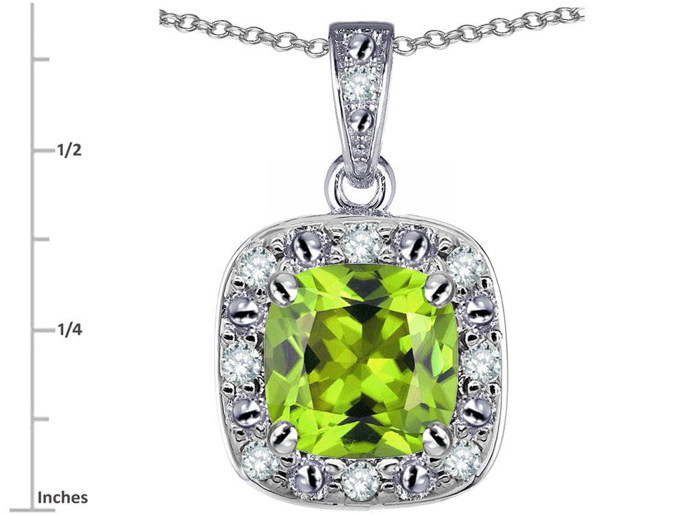 Star K 14k White Gold Cushion-Cut Genuine Peridot Halo Pendant Necklace