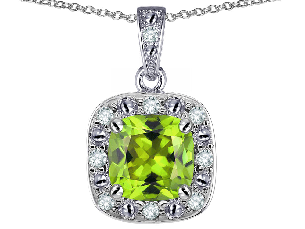 Star K 14k White Gold Cushion-Cut Genuine Peridot Halo Pendant Necklace