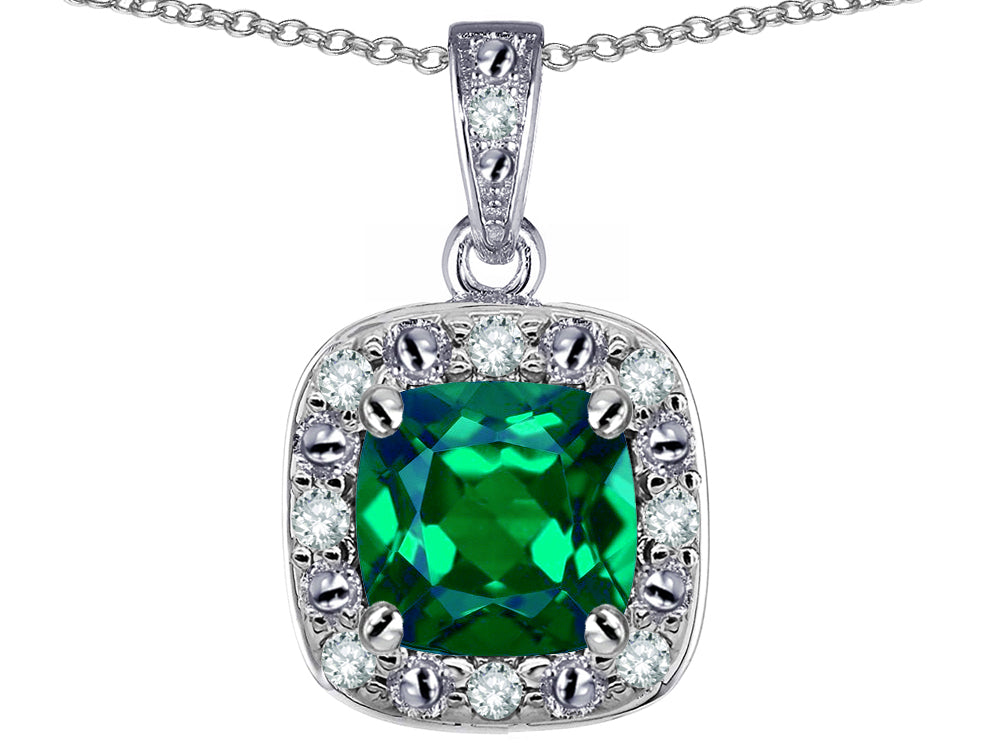 Star K 14k White Gold Cushion-Cut Simulated Emerald Halo Pendant Necklace