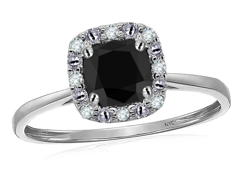 Star K 14 kt White Gold Classic Cushion-Cut Black Sapphire Designer Halo Ring