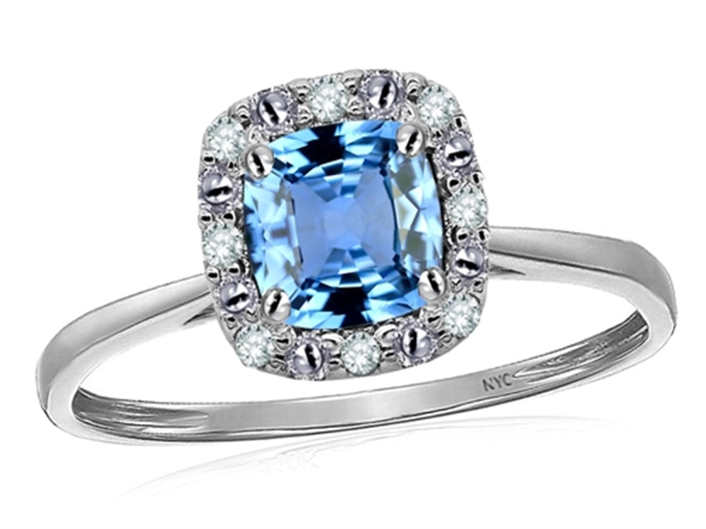 Star K 10 kt White Gold Classic Cushion-Cut Simulated Aquamarine Designer Halo Ring