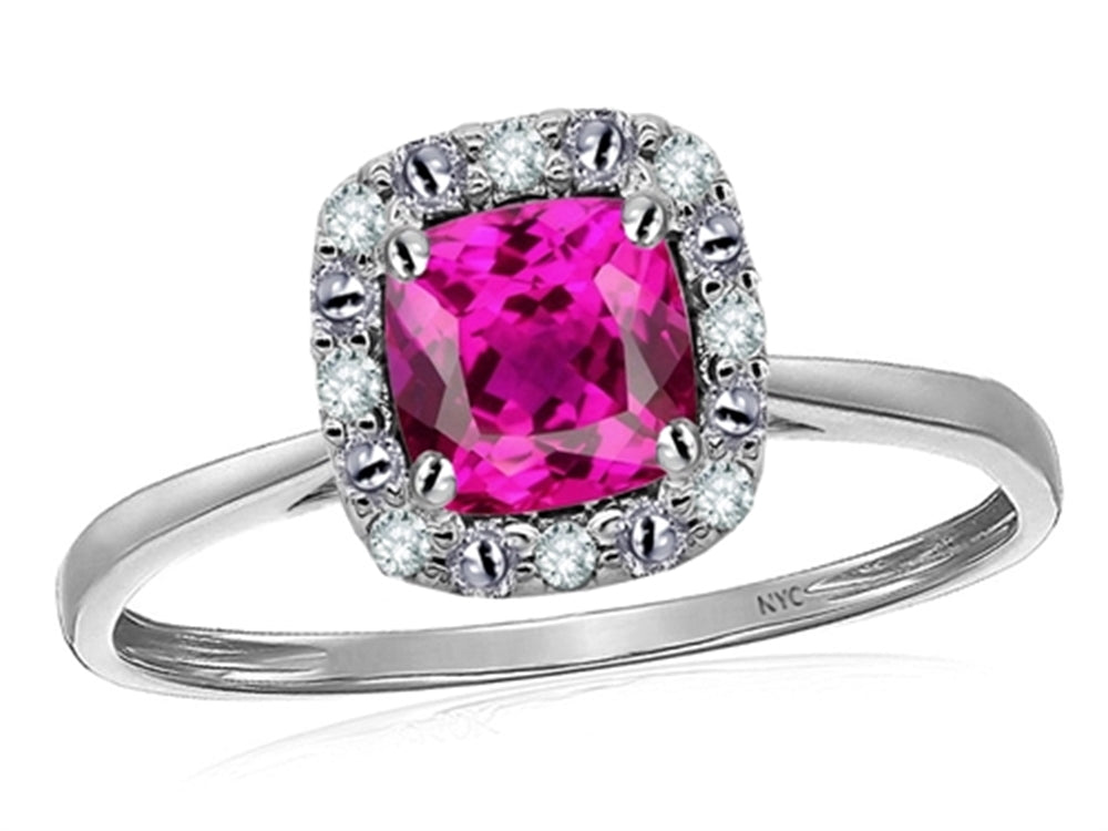 Star K 10 kt White Gold Classic Cushion-Cut Simulated Pink Tourmaline Designer Halo Ring