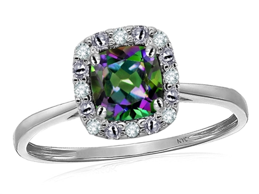 Star K 10 kt White Gold Classic Cushion-Cut Mystic Rainbow Topaz Designer Halo Ring