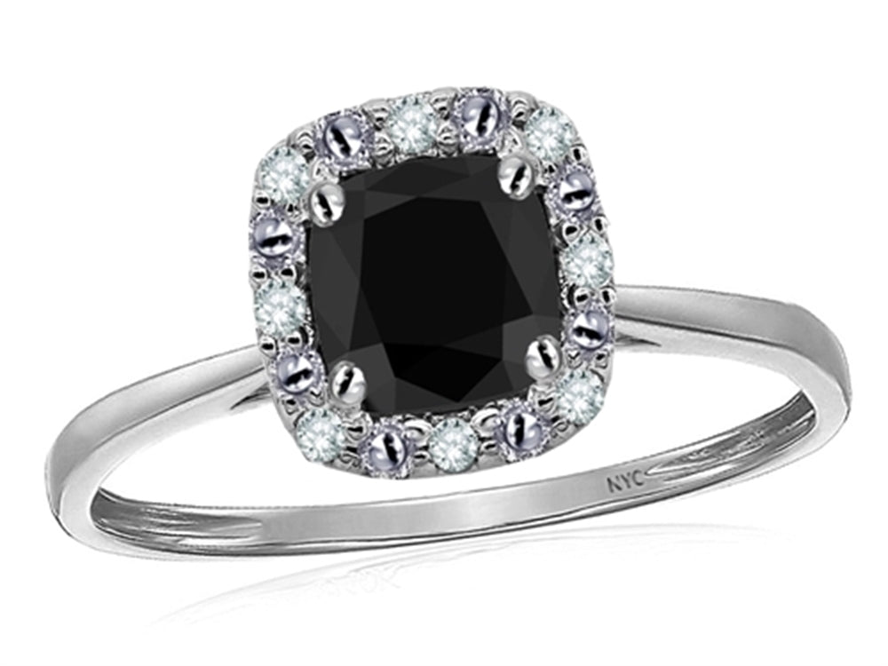 Star K 10 kt White Gold Classic Cushion-Cut Black Sapphire Designer Halo Ring