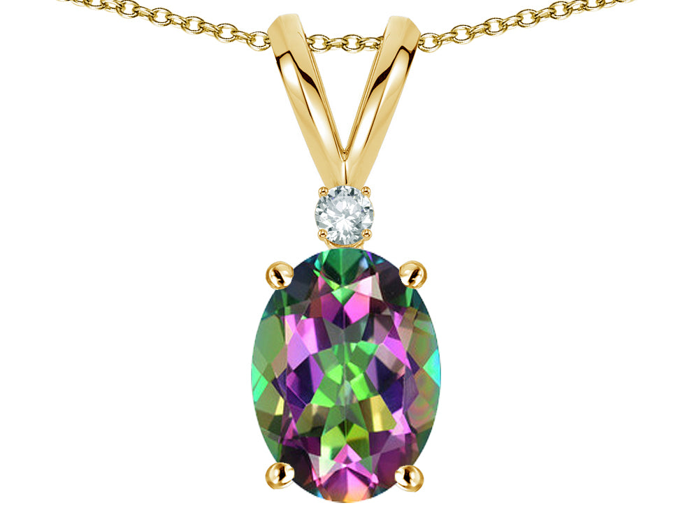 Star K Oval 7x5mm Rainbow Mystic Topaz Classic Rabbit Ears Pendant Necklace