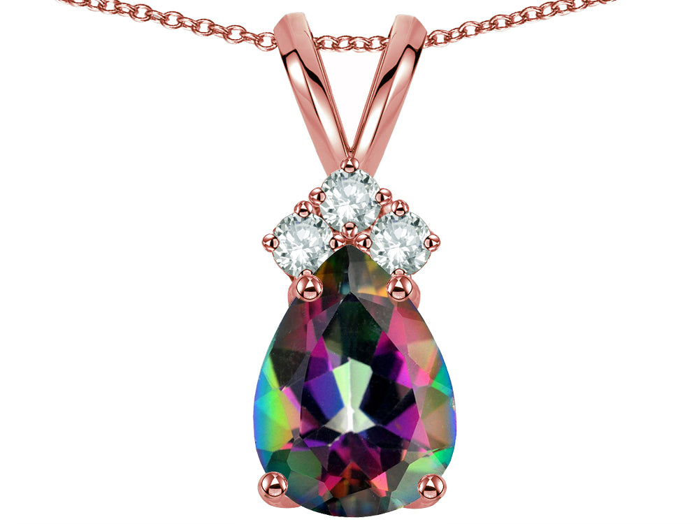 Star K Pear Shape 8x6mm Rainbow Mystic Topaz Rabbit Ear Pendant Necklace