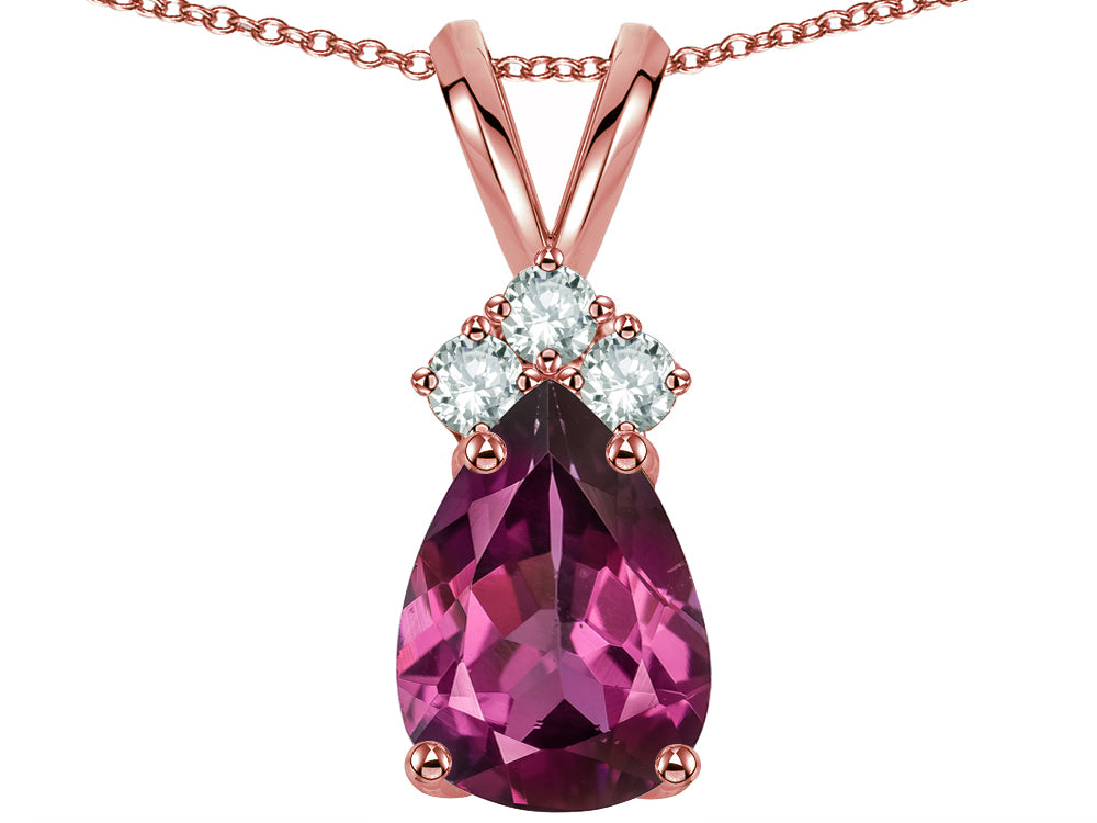 Star K Pear Shape 8x6mm Genuine Rhodolite Rabbit Ear Pendant Necklace