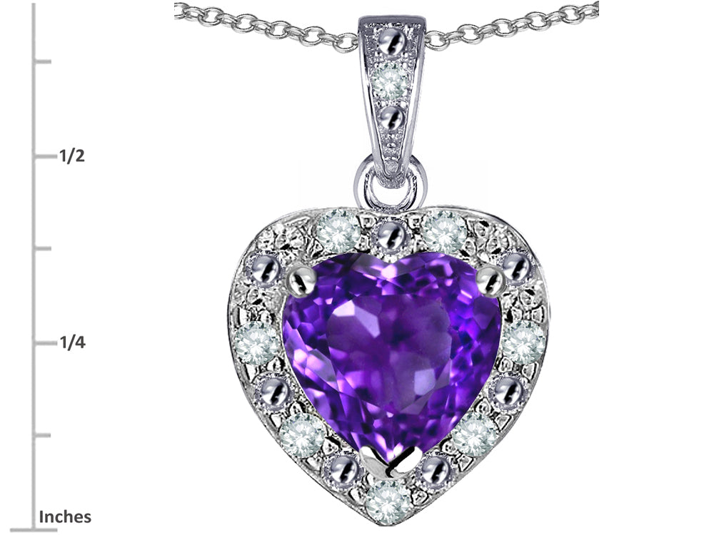 Star K 14k White Gold Heart Shape Genuine Amethyst Halo Pendant Necklace