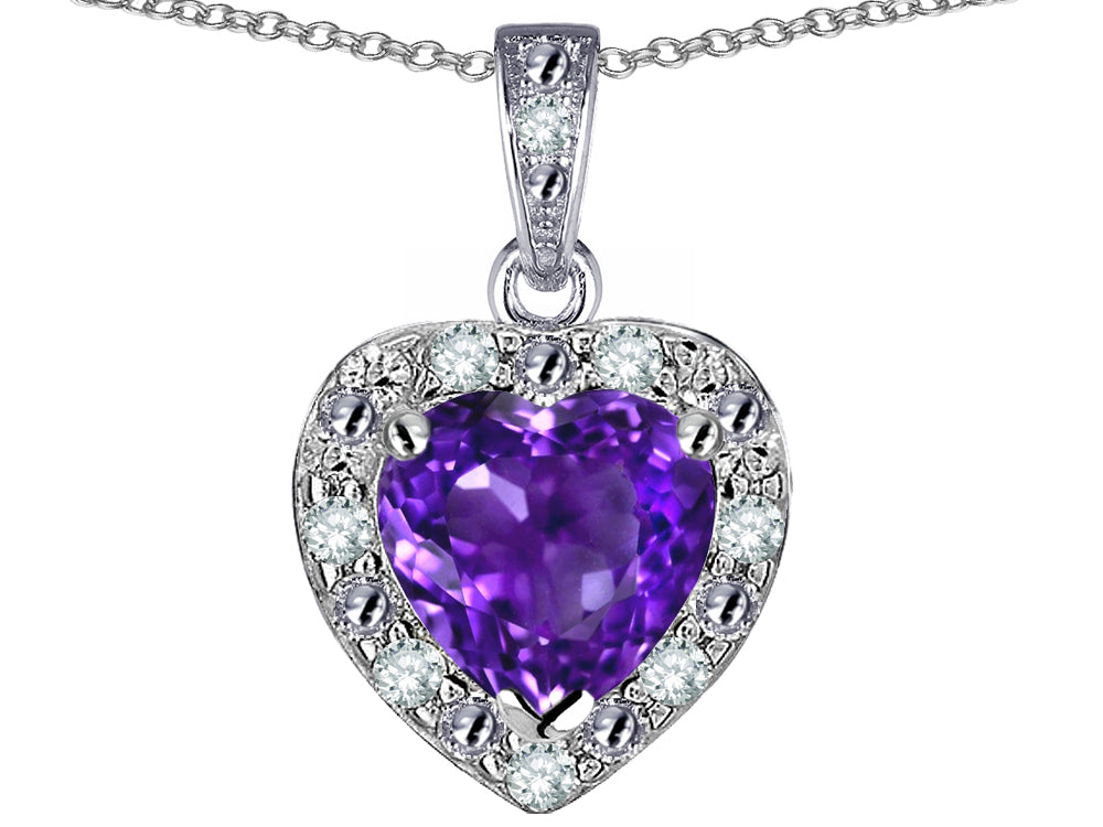 Star K 14k White Gold Heart Shape Genuine Amethyst Halo Pendant Necklace