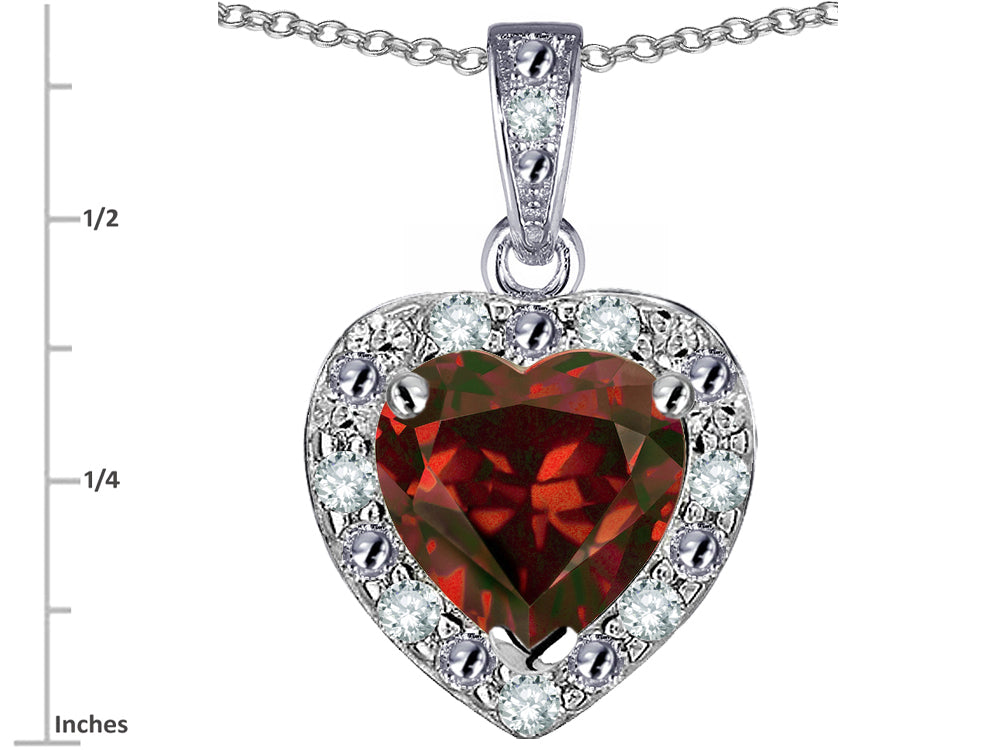 Star K 14k White Gold Heart Shape Genuine Garnet Halo Pendant Necklace