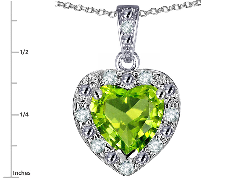 Star K 14k White Gold Heart Shape Genuine Peridot Halo Pendant Necklace