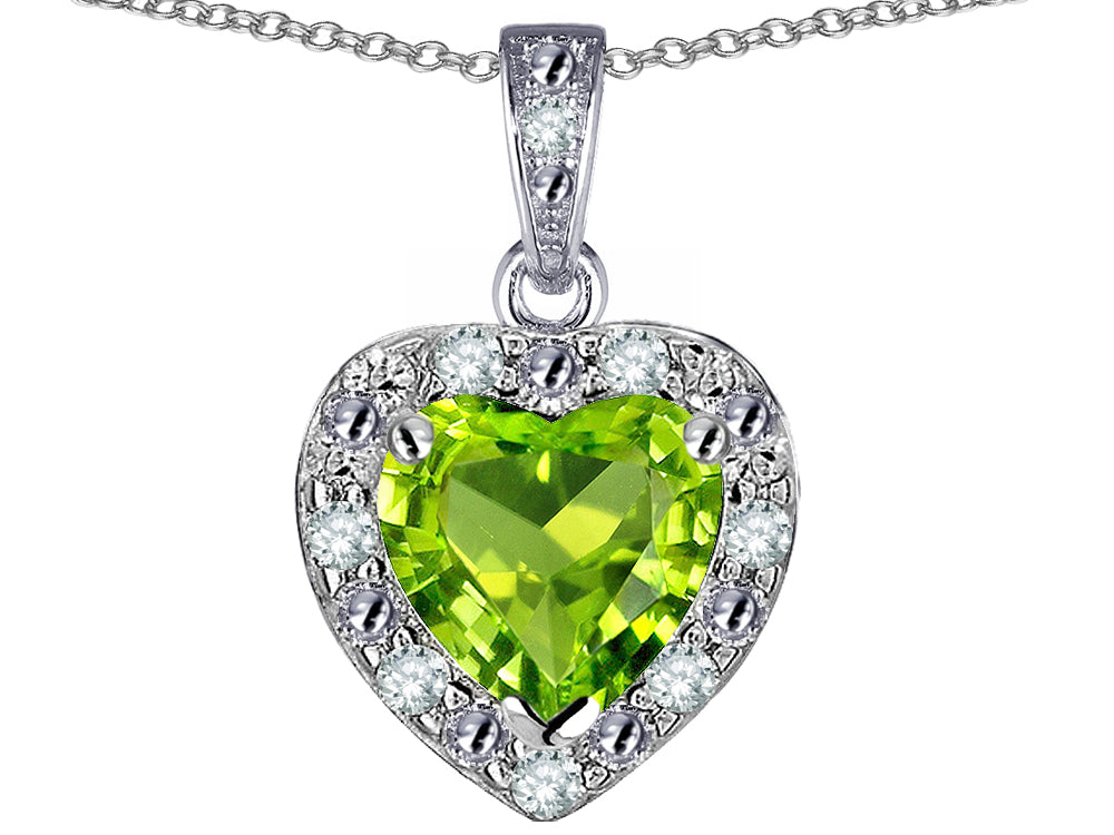 Star K 14k White Gold Heart Shape Genuine Peridot Halo Pendant Necklace