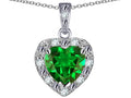 Star K 14k White Gold Heart Shape Simulated Emerald Halo Pendant Necklace