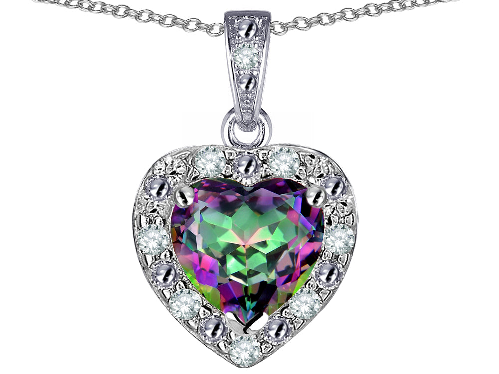Star K 14k White Gold Heart Shape Rainbow Mystic Topaz Halo Pendant Necklace