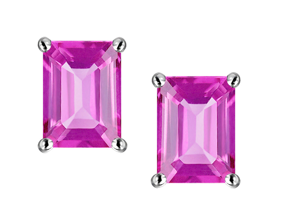 Star K Emerald Cut 7x5mm Created Pink Sapphire Earrings Studs