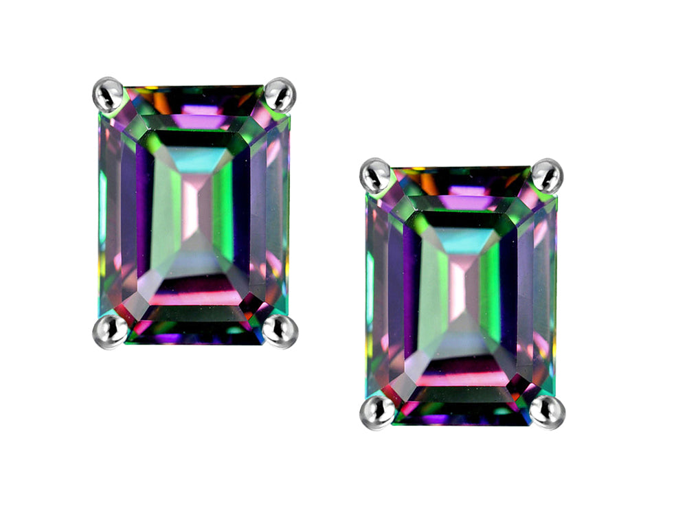 Star K Emerald Cut 7x5mm Rainbow Mystic Topaz Earrings Studs