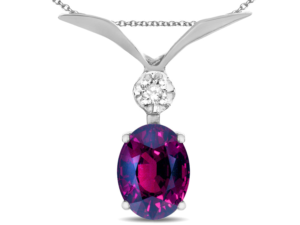 Star K Oval 8x6mm Genuine Rhodolite V Shaped Pendant Necklace