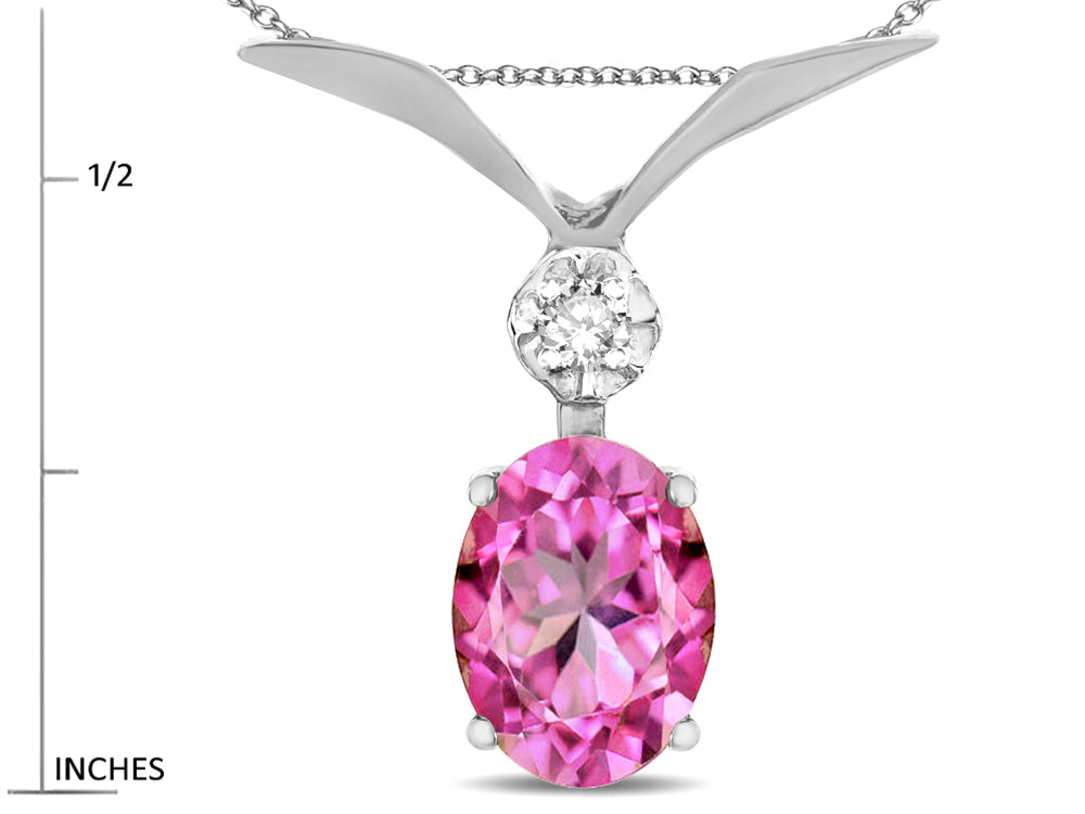 Star K Oval 8x6mm Created Pink Sapphire V Shaped Pendant Necklace