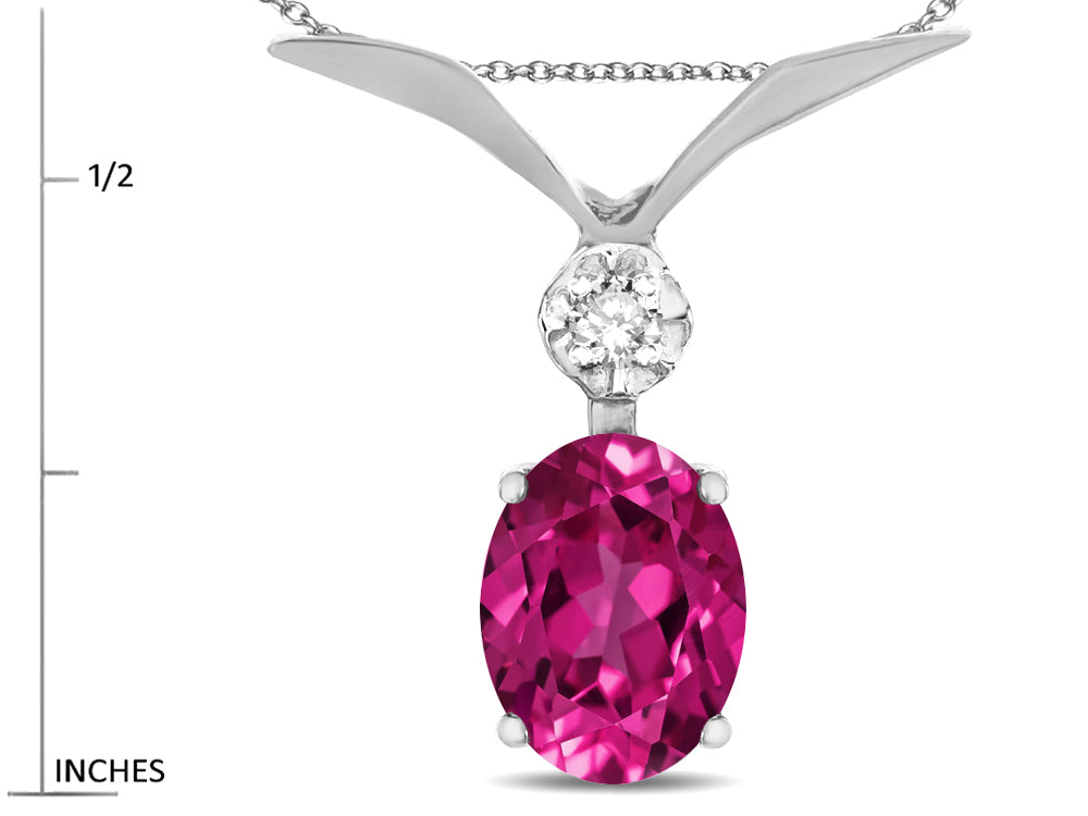 Star K Oval 8x6mm Simulated Pink Tourmaline V Shaped Pendant Necklace