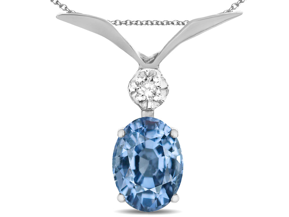Star K Oval 8x6mm Simulated Aquamarine V Shaped Pendant Necklace