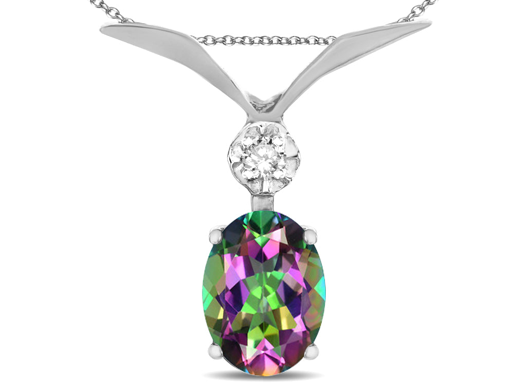 Star K Oval 8x6mm Rainbow Mystic Topaz V Shaped Pendant Necklace