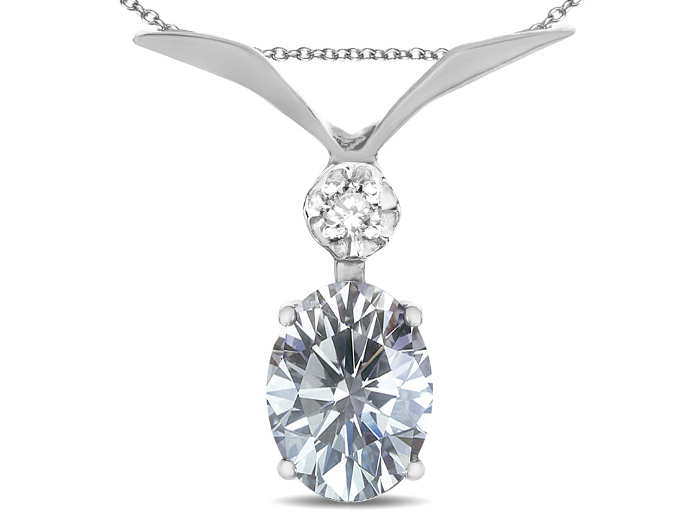 Star K Oval 8x6mm Genuine White Topaz V Shaped Pendant Necklace