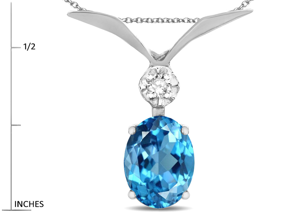 Star K Oval 8x6mm Genuine Blue Topaz V Shaped Pendant Necklace