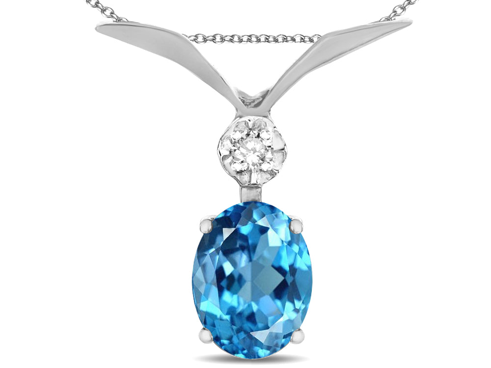 Star K Oval 8x6mm Genuine Blue Topaz V Shaped Pendant Necklace