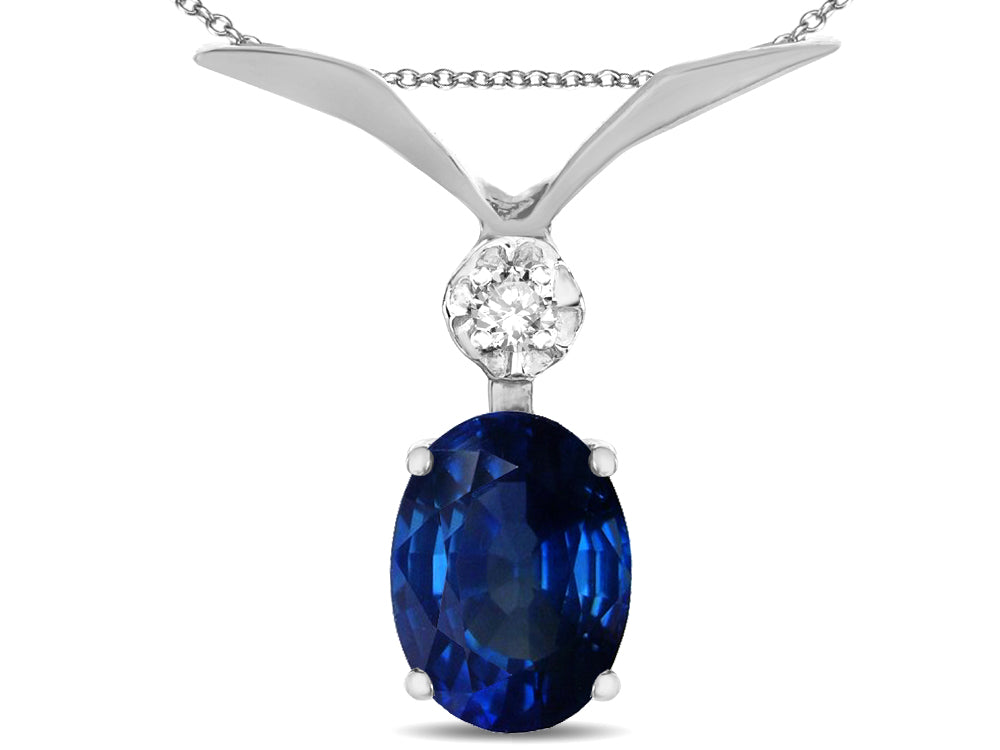 Star K Oval 8x6mm Created Sapphire V Shaped Pendant Necklace