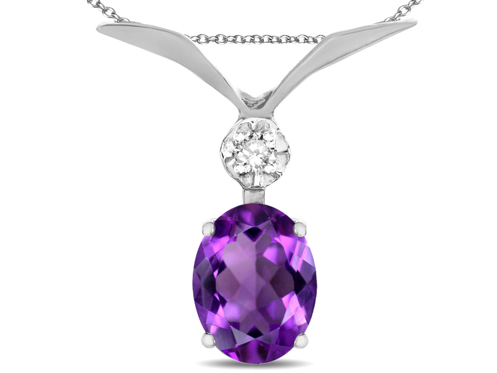 Star K Oval 8x6mm Genuine Amethyst V Shaped Pendant Necklace