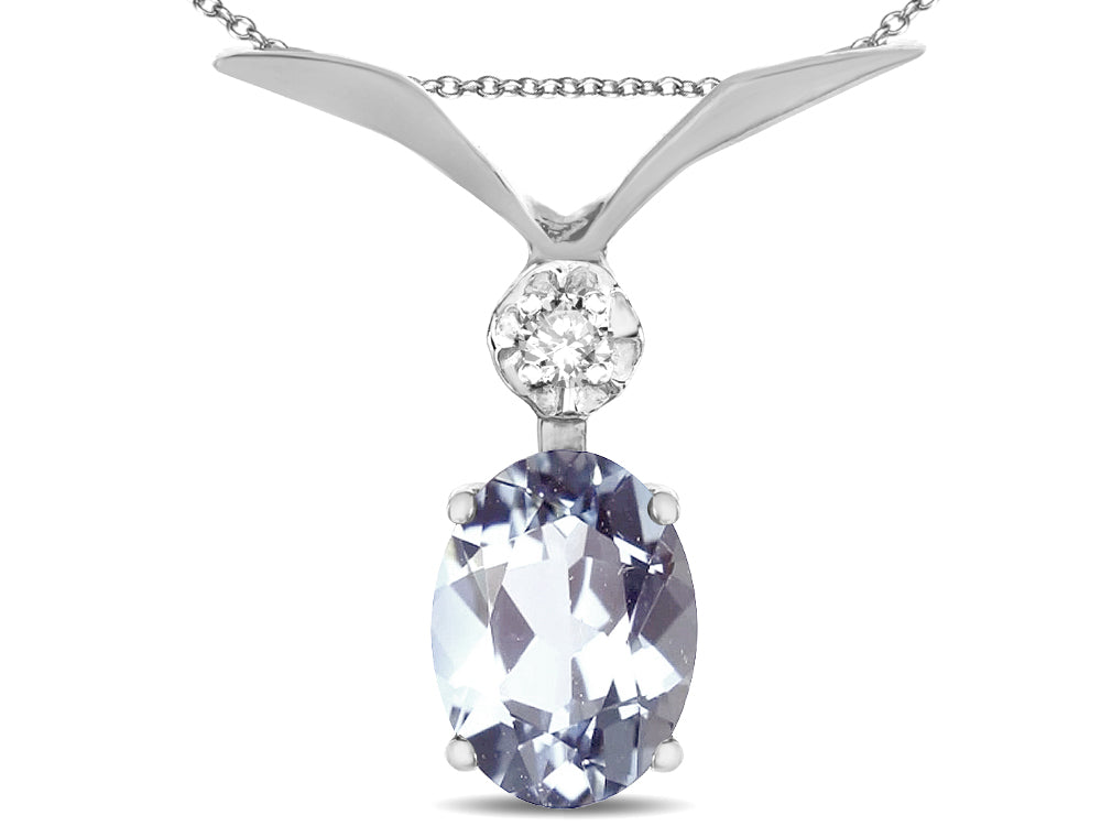 Star K Oval 8x6mm Genuine Aquamarine V Shaped Pendant Necklace