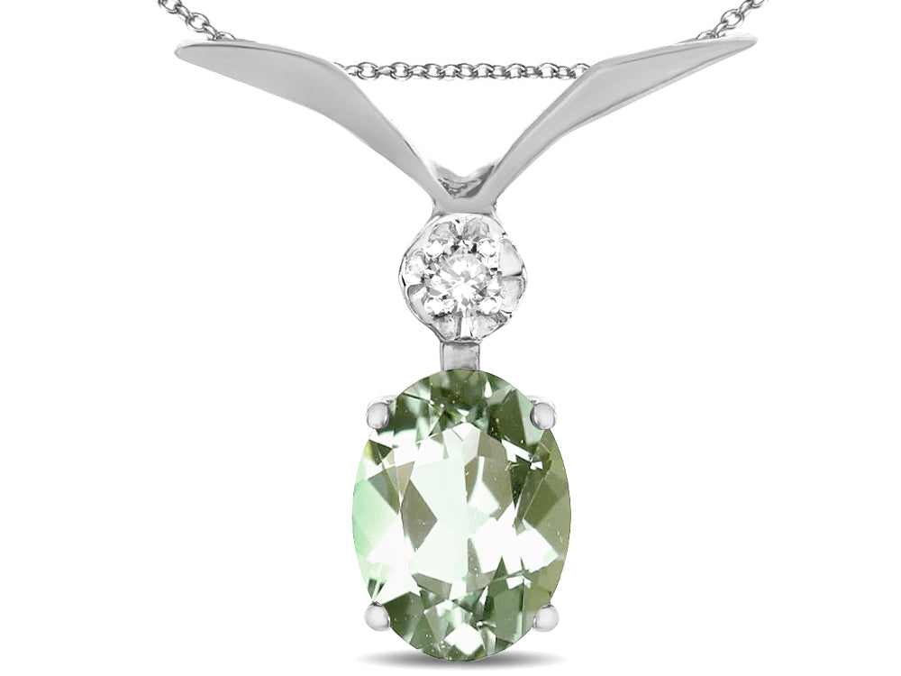 Star K Oval 8x6mm Genuine Green Amethyst V Shaped Pendant Necklace