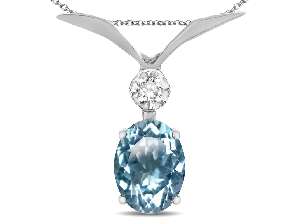 Star K Oval 8x6mm Genuine Sky Blue Topaz V Shaped Pendant Necklace