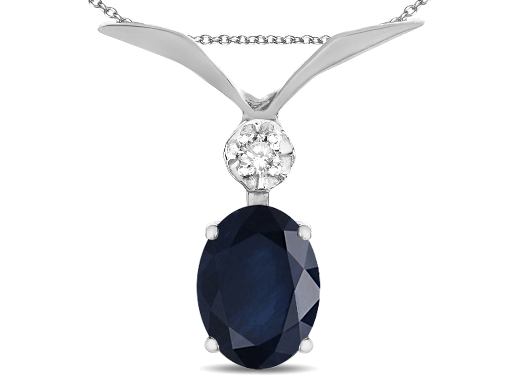 Star K Oval 8x6mm Genuine Sapphire V Shaped Pendant Necklace