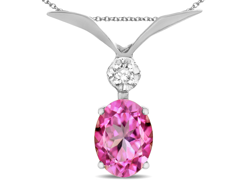 Star K Oval 8x6mm Created Pink Sapphire V Shaped Pendant Necklace