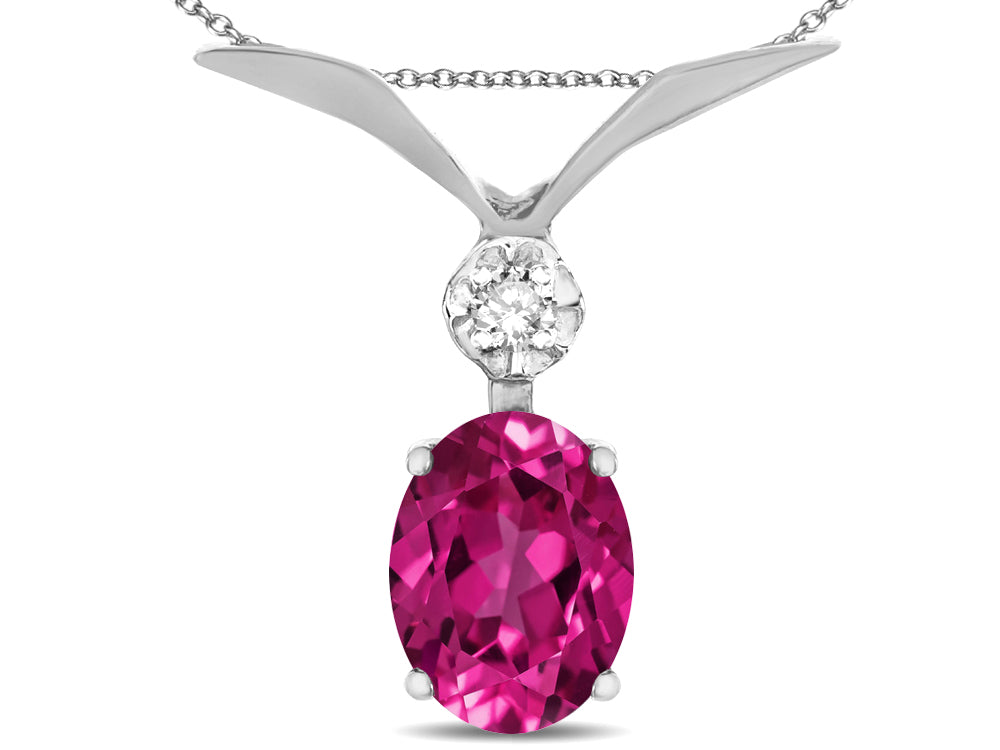 Star K Oval 8x6mm Simulated Pink Tourmaline V Shaped Pendant Necklace